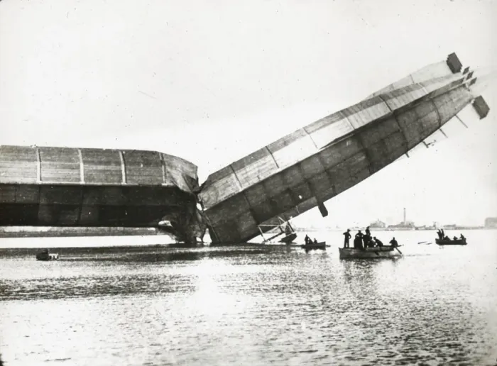 Framed Print : Naval Airship No. 1 crashed and split in two overwater Framed Print : Naval Airship No. 1 crashed and split in two overwater
