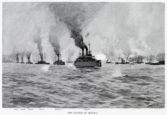 Framed Print : NAVAL BATTLE OF MANILA The American fleet under Dewey totally destroys the Spanish fleet Framed Print : NAVAL BATTLE OF MANILA The American fleet under Dewey totally destroys the Spanish fleet