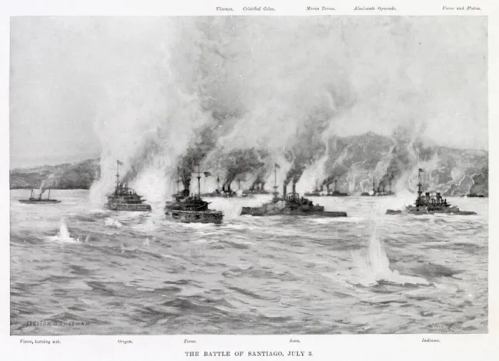 Framed Print : NAVAL BATTLE OF SANTIAGO The rival warships engage at close quarters Date: 3 July 1898 Framed Print : NAVAL BATTLE OF SANTIAGO The rival warships engage at close quarters Date: 3 July 1898