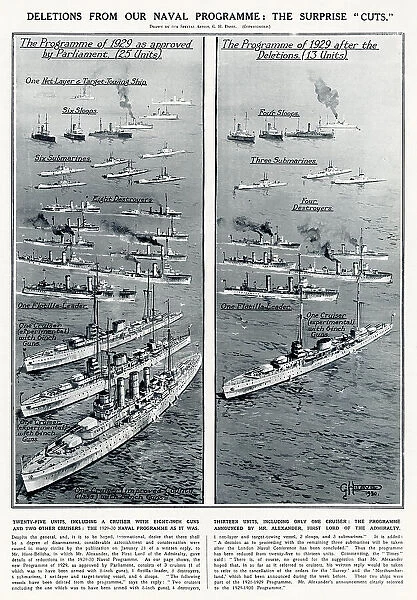 The Naval programme announced by Alexandra, First of the Admiralty, giving details of reductions in the budget of 1929-30. Date: 1930