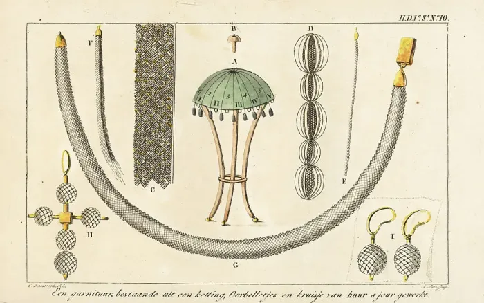 Framed Print : Necklace, earrings and a cross in woven human hair Framed Print : Necklace, earrings and a cross in woven human hair