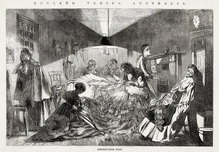 Framed Print : Needlewomen here... Image 11 of a series on the benefits of Australia over England & encouraging emigration. Date: 1863 Framed Print : Needlewomen here... Image 11 of a series on the benefits of Australia over England & encouraging emigration. Date: 1863