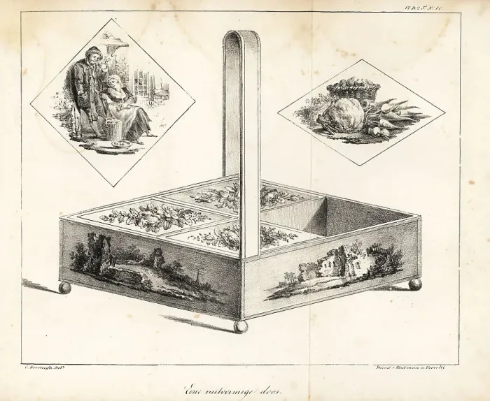 Framed Print : Needlework box with handle and four compartments and decorated l Framed Print : Needlework box with handle and four compartments and decorated l