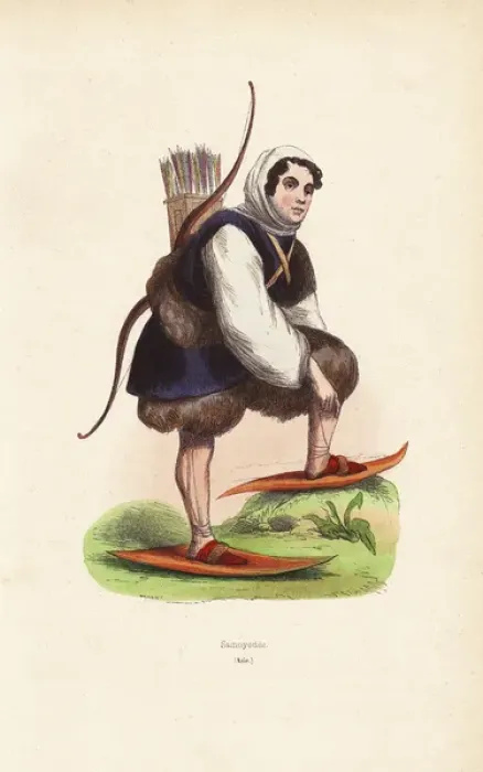 Framed Print : Nenets man wearing fur clothes, shirt with hood, snow shoes