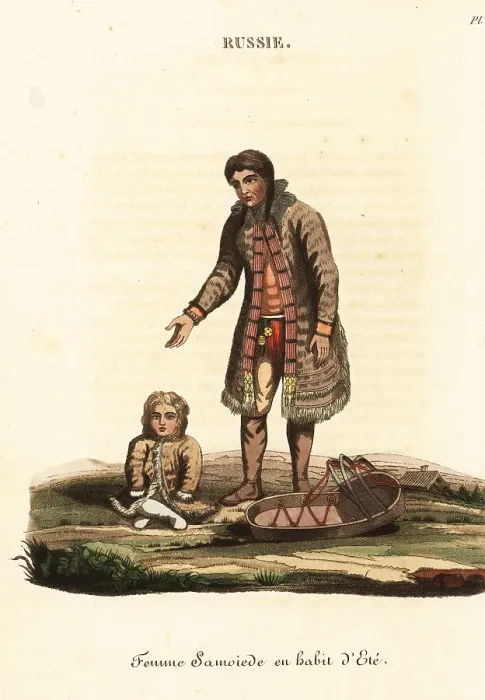 Framed Print : Nenets woman and child, summer dress, 18th century Framed Print : Nenets woman and child, summer dress, 18th century