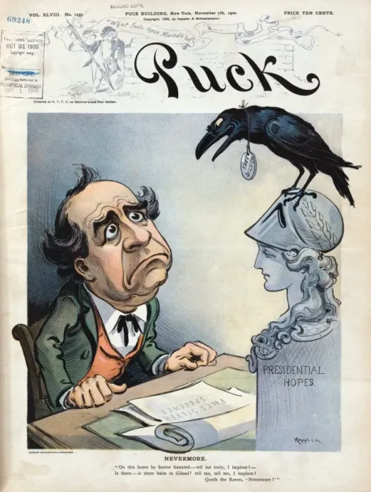 Framed Print : Nevermore. Illustration shows William Jennings Bryan sitting at a desk Framed Print : Nevermore. Illustration shows William Jennings Bryan sitting at a desk