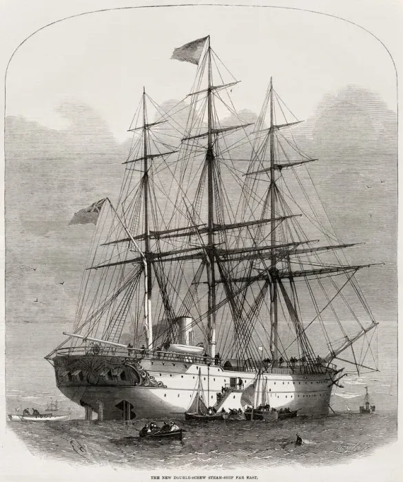 Framed Print : The new double-screw steamship Far East. The launch took place at Cubitt Town, Millwall Framed Print : The new double-screw steamship Far East. The launch took place at Cubitt Town, Millwall