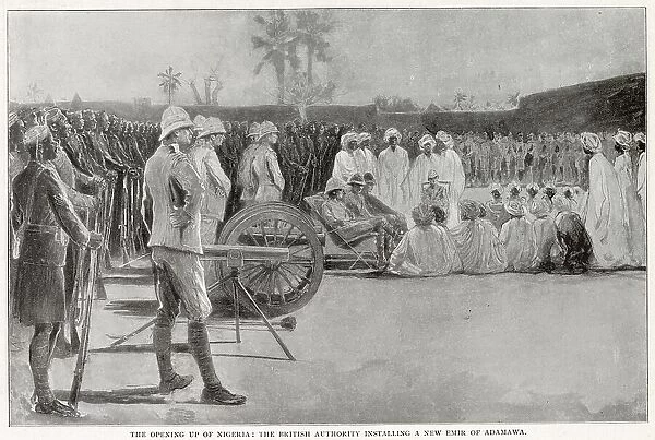 A new Emir of Adamawa is installed. After the capture of Yola, Colonel Morland deposed the Emir and set up a brother of the vanquished ruler in his stead. Date: 1902