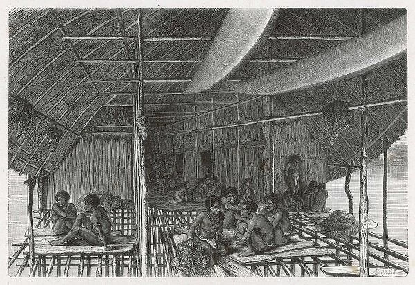 New Guinea Interior. The interior of a New Guinea house, built over the water