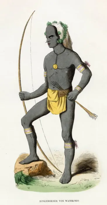 Framed Print : New Hebrides: a native of Vanikoro with bow and arrows Date: 19th century Framed Print : New Hebrides: a native of Vanikoro with bow and arrows Date: 19th century