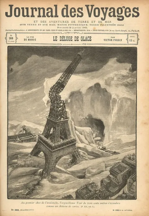 Framed Print : As a new Ice Age overtakes the Earth, an avalanche of ice overwhelms Paris, shattering the Tour Eiffel Date: 1902 Framed Print : As a new Ice Age overtakes the Earth, an avalanche of ice overwhelms Paris, shattering the Tour Eiffel Date: 1902