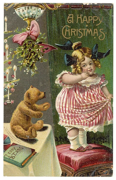 New Teddy. A small girl shyly contemplates her new teddy bear Date: 1908