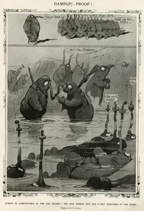 Framed Print : The new trench suit for a wet Christmas at the Front - satir