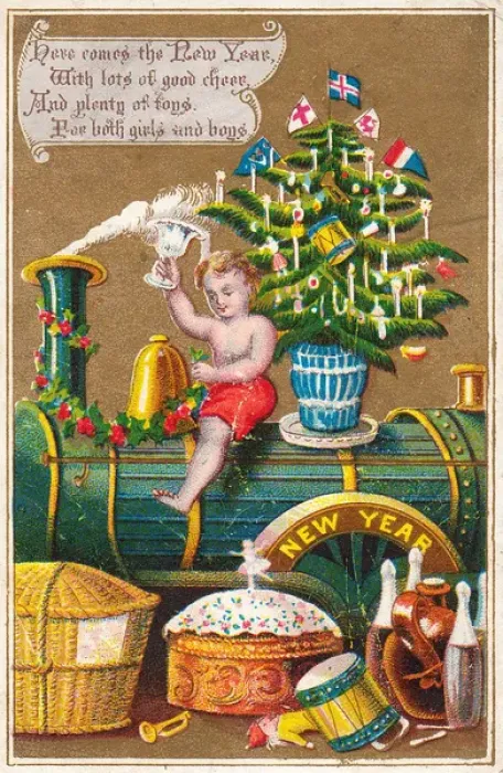 Framed Print : New Year Baby with gifts on a New Year card Framed Print : New Year Baby with gifts on a New Year card