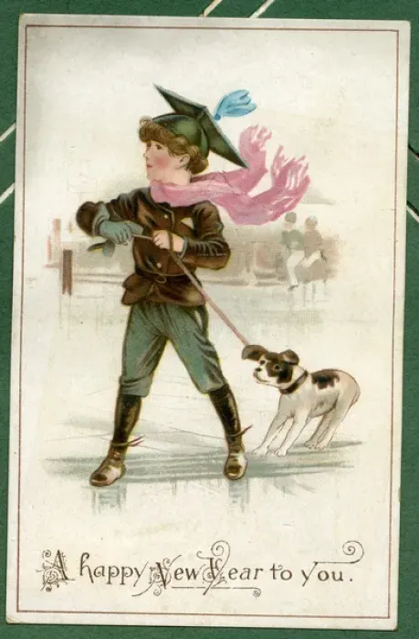 Framed Print : New Year card, boy on the ice with a dog Framed Print : New Year card, boy on the ice with a dog