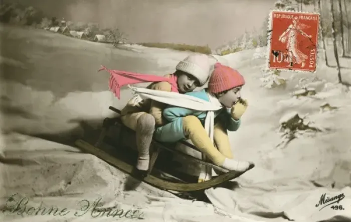 Framed Print : New Year card - two children on a sled Framed Print : New Year card - two children on a sled