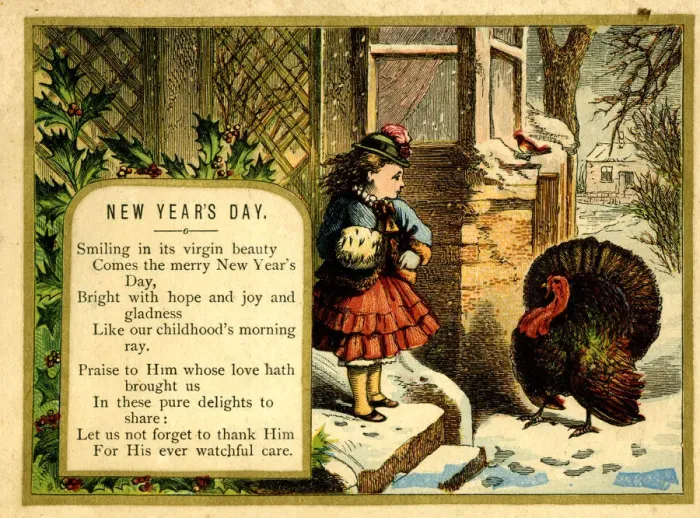 Framed Print : New Year card, girl and turkey in the snow Framed Print : New Year card, girl and turkey in the snow