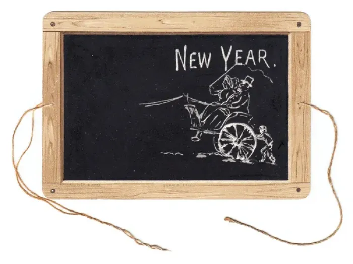 Framed Print : New Year card in the shape of a childs slate Framed Print : New Year card in the shape of a childs slate