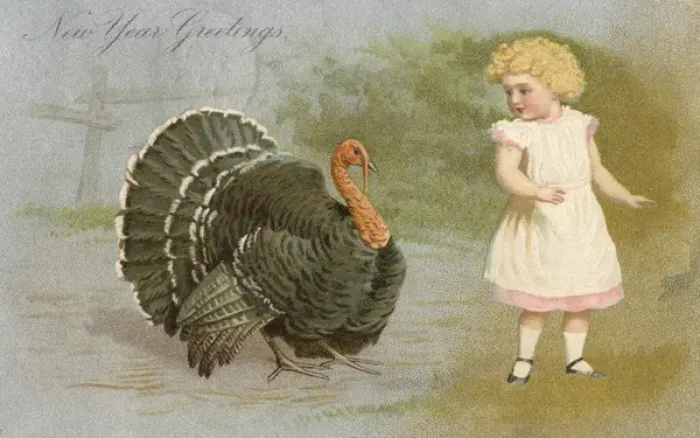 Framed Print : New Years Greetings postcard, with turkey and child Framed Print : New Years Greetings postcard, with turkey and child