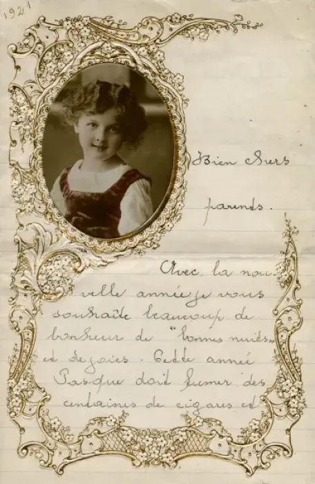 Framed Print : New Years letter with portrait of a little girl Framed Print : New Years letter with portrait of a little girl