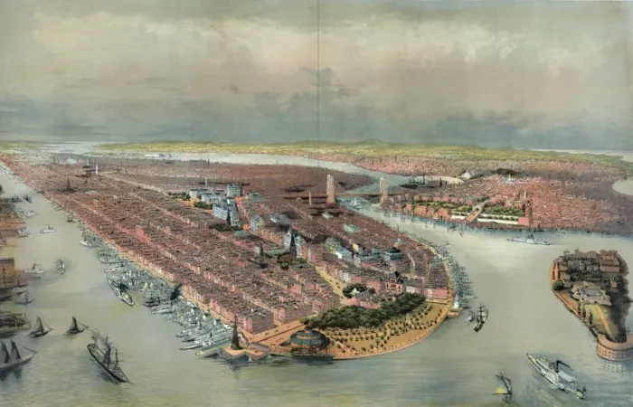 Framed Print : New York. Bird s-eye view of New York showing the waterfront Framed Print : New York. Bird s-eye view of New York showing the waterfront