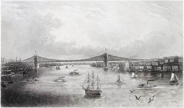 New York: view of the East River Bridge (Brooklyn Bridge). New York approach on the left of the image; Brooklyn approach on the right. Date: C. 1883