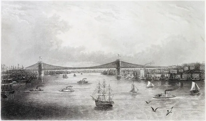Framed Print : New York: view of the East River Bridge (Brooklyn Bridge). New York approach on the left of the image; Brooklyn approach on the right. Date: C. 1883 Framed Print : New York: view of the East River Bridge (Brooklyn Bridge). New York approach on the left of the image; Brooklyn approach on the right. Date: C. 1883