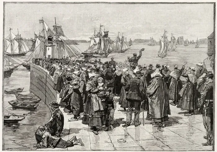 Framed Print : The Newfoundland cod fleet leaves Saint-Malo in Brittany. Launched in the middle of the 16th century, cod fishing was at its peak in the 19th century. For nearly five centuries Framed Print : The Newfoundland cod fleet leaves Saint-Malo in Brittany. Launched in the middle of the 16th century, cod fishing was at its peak in the 19th century. For nearly five centuries