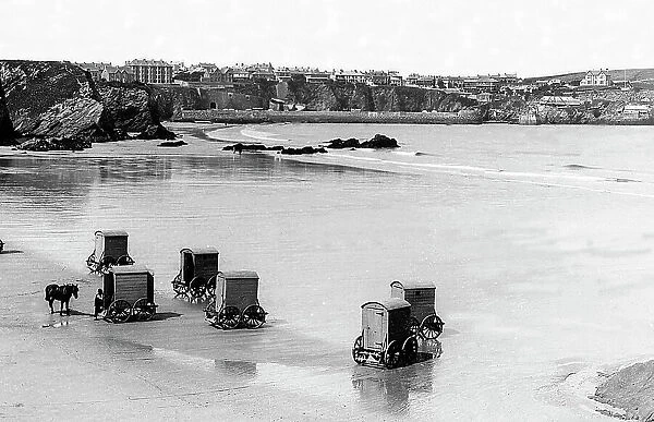 Newquay beach and bathing machines Victorian period
