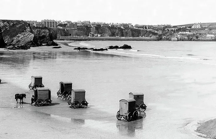 Framed Print : Newquay beach and bathing machines Victorian period Framed Print : Newquay beach and bathing machines Victorian period