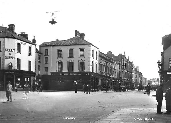 Newry - view from Margaret square to Hill St, a busy street scene with shop fronts