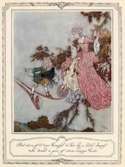 Framed Print : But news of it was brought to her by the little dwarf, who owned a pair of seven-league boots. Illustration by Edmund Dulac to Sleeping Beauty. Date: 1911 Framed Print : But news of it was brought to her by the little dwarf, who owned a pair of seven-league boots. Illustration by Edmund Dulac to Sleeping Beauty. Date: 1911