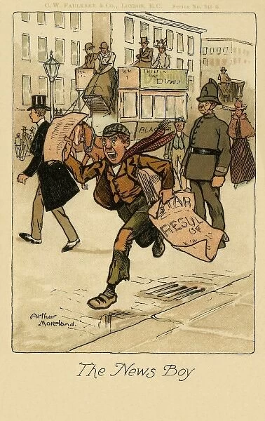 The Newsboy. A young paper seller hurries through the town selling his