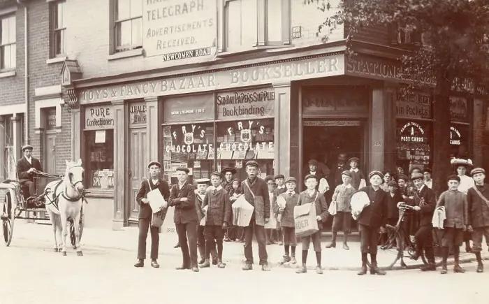 Framed Print : Newsboys outside Portsmouth newsagents 1907 Framed Print : Newsboys outside Portsmouth newsagents 1907
