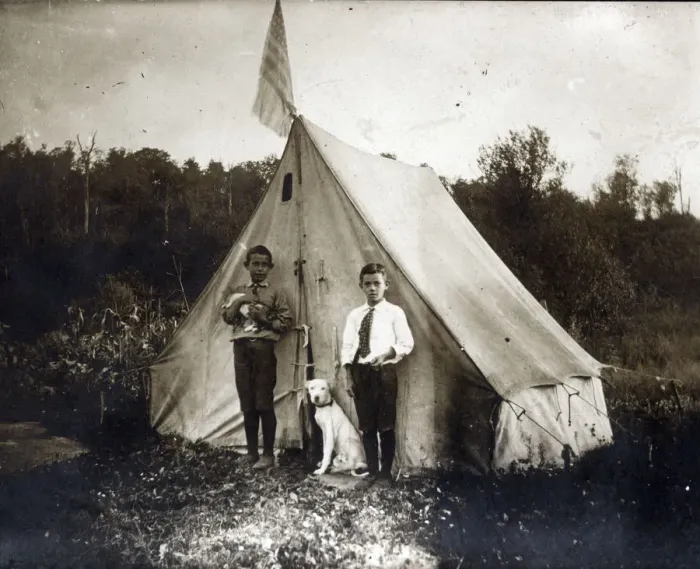 Framed Print : Newton Falls, NY, USA - Two young boys camping Framed Print : Newton Falls, NY, USA - Two young boys camping