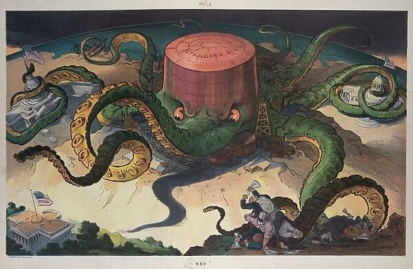 Next!. Illustration shows a Standard Oil storage tank as an octopus with