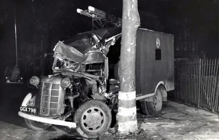 Framed Print : NFS Heavy Unit vehicle accident, Ealing, WW2 Framed Print : NFS Heavy Unit vehicle accident, Ealing, WW2