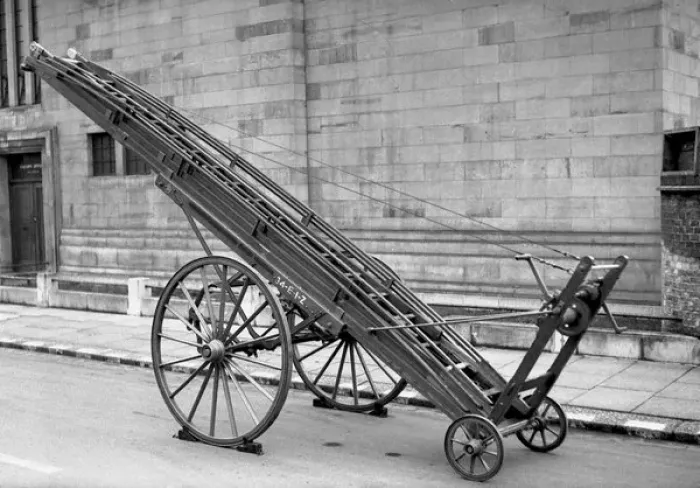 Framed Print : NFS-London Region 50ft wheeled escape ladder, WW2 Framed Print : NFS-London Region 50ft wheeled escape ladder, WW2