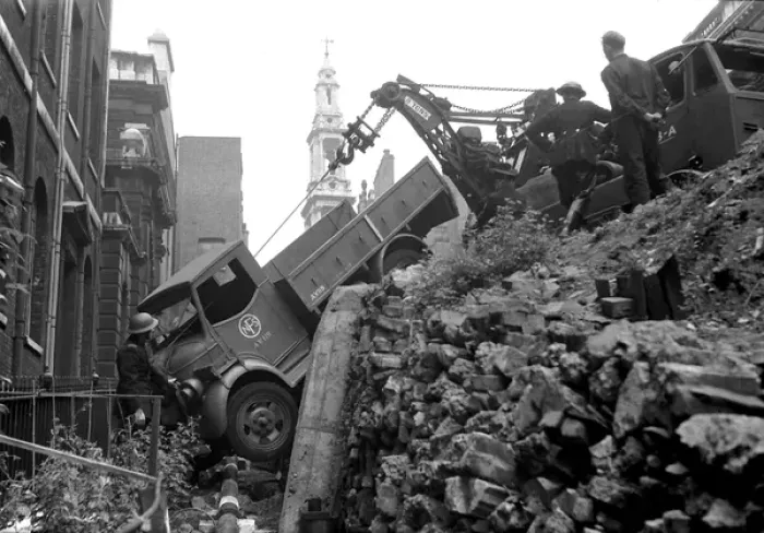Framed Print : NFS London Region lorry driven into basement area, WW2 Framed Print : NFS London Region lorry driven into basement area, WW2