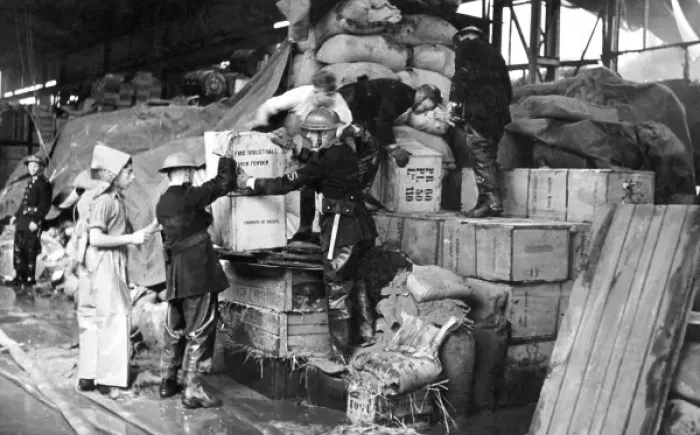Framed Print : NFS (Salvage Corps) working at a fire, WW2 Framed Print : NFS (Salvage Corps) working at a fire, WW2