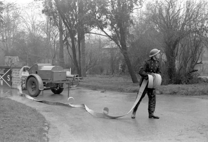 Framed Print : NFS training / instructional photo, use of hose, WW2 Framed Print : NFS training / instructional photo, use of hose, WW2