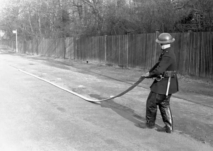 Framed Print : NFS training / instructional photo, use of hose, WW2 Framed Print : NFS training / instructional photo, use of hose, WW2