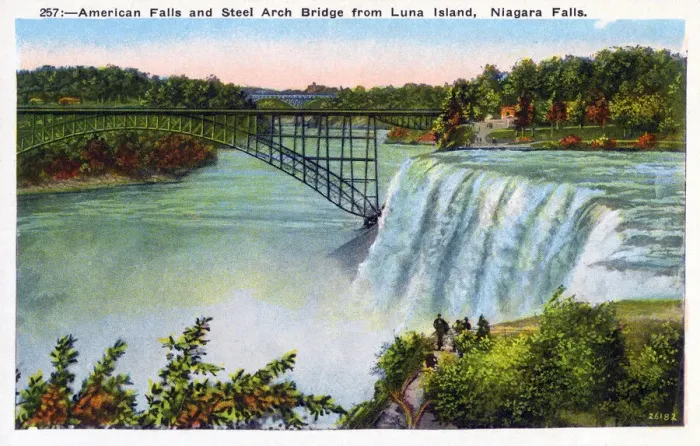 Framed Print : Niagara Falls, NY State, USA - American Falls and Steel Arch Bridge. Date: circa 1930 Framed Print : Niagara Falls, NY State, USA - American Falls and Steel Arch Bridge. Date: circa 1930