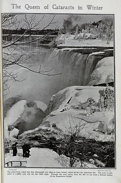 Niagara Falls in winter, with ice and frozen trees. Captioned, The Queen of Cataracts in Winter'. With description, The point from which this fine photograph was taken is Luna Island, which divides the American fall