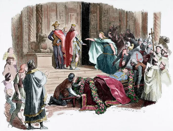 Framed Print : Nibelungenlied. Kriemhild requiring the proof of the coffin Framed Print : Nibelungenlied. Kriemhild requiring the proof of the coffin