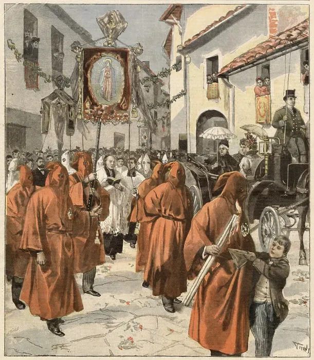 Framed Print : At Nice, France, a procession of Red Penitents is watched by Victoria, queen of England, from her carriage Date: 1898 Framed Print : At Nice, France, a procession of Red Penitents is watched by Victoria, queen of England, from her carriage Date: 1898