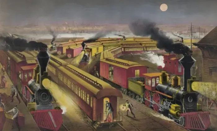 Framed Print : Night scene at an American railway junction: Lightning Expre Framed Print : Night scene at an American railway junction: Lightning Expre