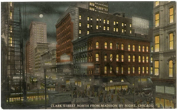 Night view of Clark Street, Chicago, USA