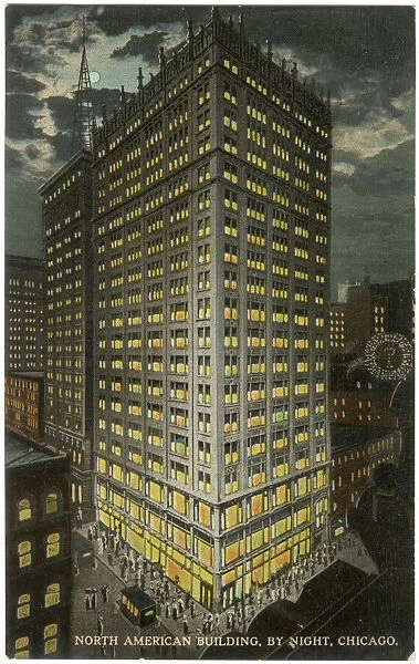 Night view, North American Building, Chicago, Illinois, USA
