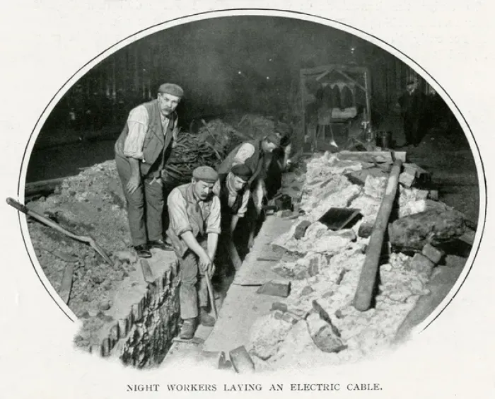 Framed Print : Night workers laying an electric cable in London 1900 Framed Print : Night workers laying an electric cable in London 1900